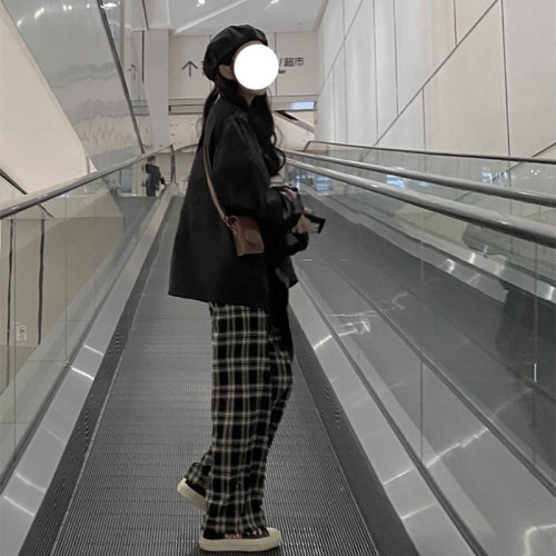 Black plaid sports casual pants for women, large size, loose, new style, high waist, simple drape, wide leg trousers, trendy