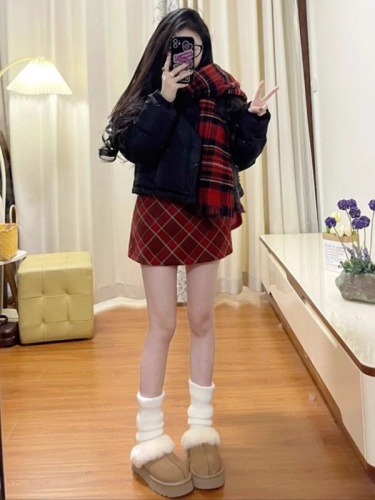 High quality spot#Small retro woolen plaid skirt for women autumn high waist a line short skirt hip skirt xs