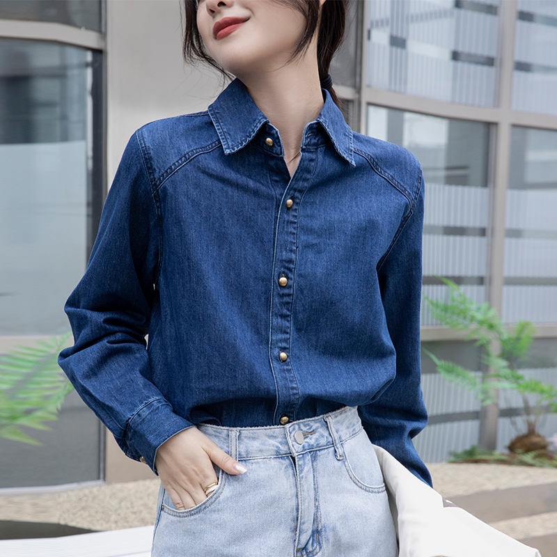 Blue denim shirt jacket women's retro all-match loose long-sleeved top for small people