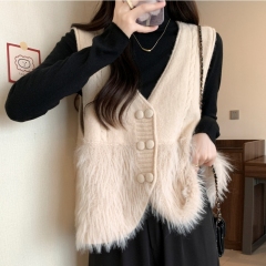 The new autumn and winter new style large size women's knitted vest vest temperament sleeveless V-neck splicing cardigan jacket