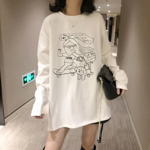 Pure cotton long-sleeved T-shirt for women 2024 new autumn and winter solid color loose bottoming shirt printed round neck top