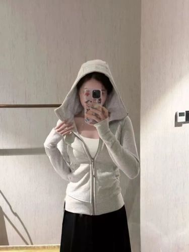 Gray American zipper hooded sweatshirt early spring and autumn women's 2024 new cardigan women's thin slim fit chi jacket