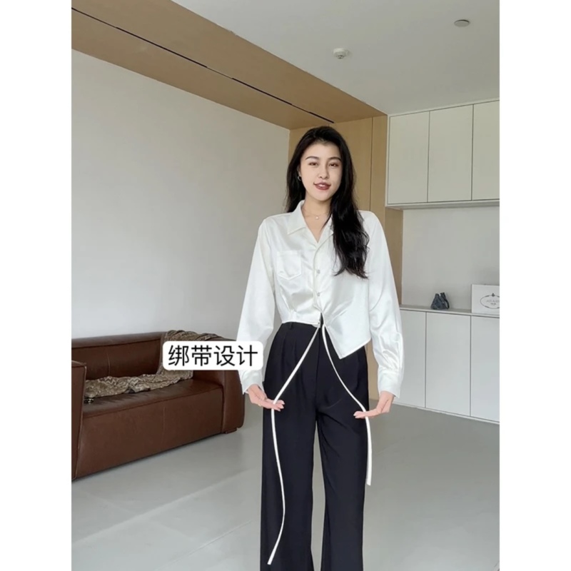 Large size design long-sleeved sun protection white shirt women's new fat mm waist lace-up slim shirt top