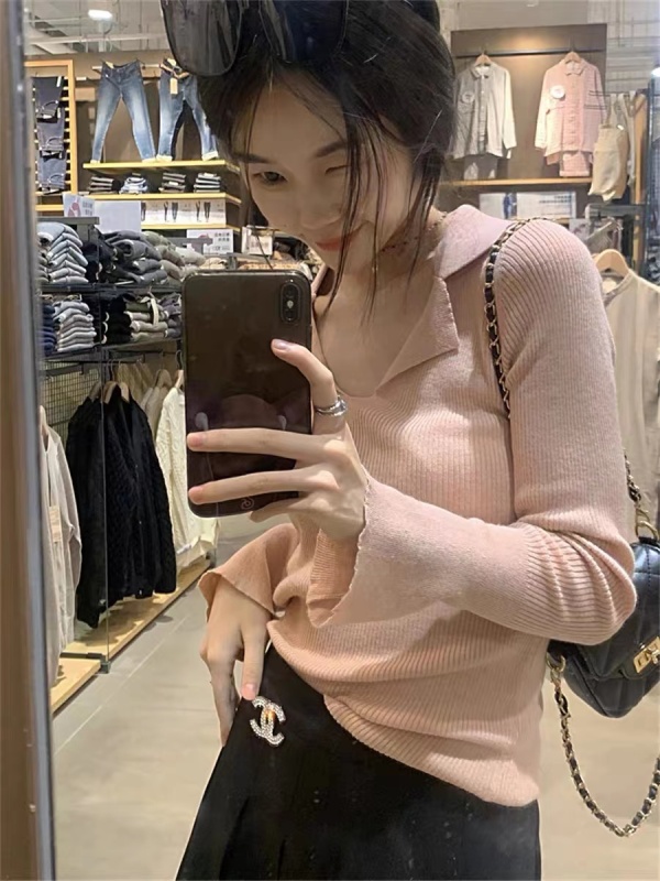 Niche slim fit inner pink long-sleeved sweater for women autumn design sweater slimming bottoming shirt ins top