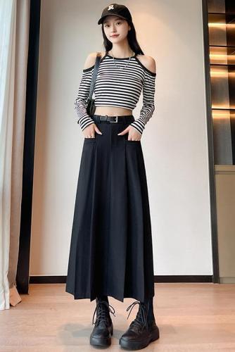 Mid-length suit skirt for women, new spring and autumn style, high waist design, pleated skirt for small people, long skirt