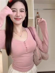 DeRong Pure Desire Short Style Long Sleeve T-Shirt Women's Autumn Slim Fit Bottoming Shirt for Hot Girls