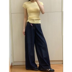 Ready stock~Small vintage washed dark blue high-waisted jeans for women straight-leg loose floor-length wide-leg pants