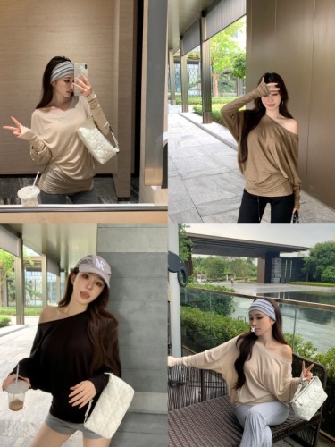 Early autumn bottoming shirt T-shirt long-sleeved pleated slim bat-sleeve slanted shoulder multi-wear top for women