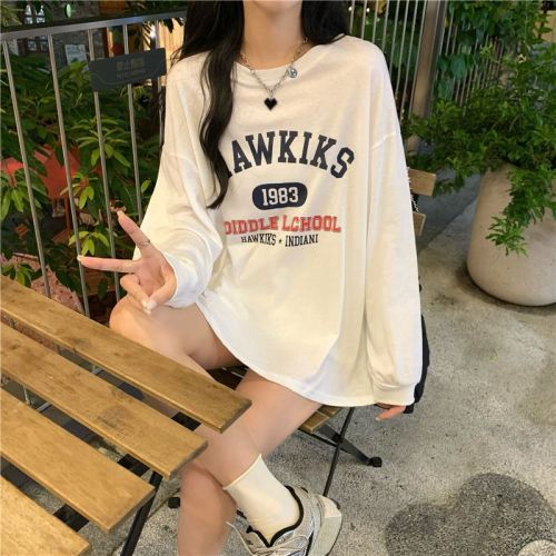 High quality pure cotton 200g 21 count combed precision printed autumn loose long sleeve T-shirt for women