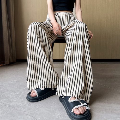 Elastic waist striped wide leg pants for women 2024 new loose straight trousers versatile slimming casual pants trend