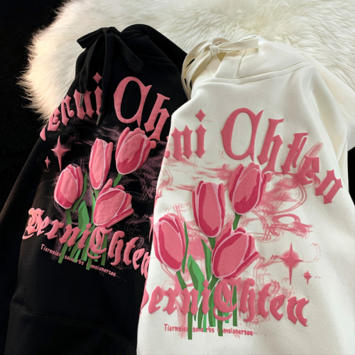 250g sweatshirt + printing + pull shoulder bag collar double layer hat Korean style autumn new tulip top