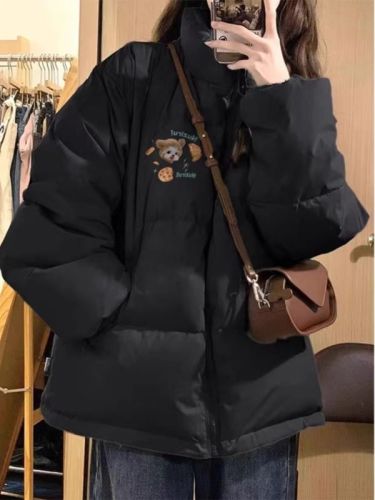 RY10016 women's winter new loose thickened printed stand collar drawstring zipper cotton coat