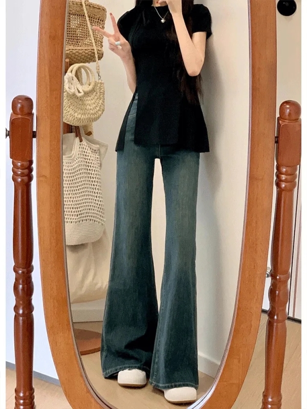 Retro distressed micro-flared jeans for women 2024 loose wide-leg slimming non-leg-fitting floor-length pants trendy ins