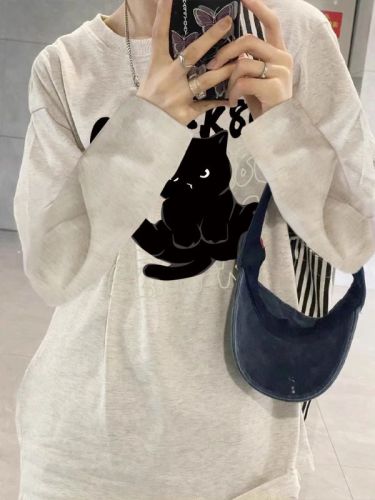 High quality pure cotton 200g 21 count combed precision printed autumn loose long sleeve T-shirt for women