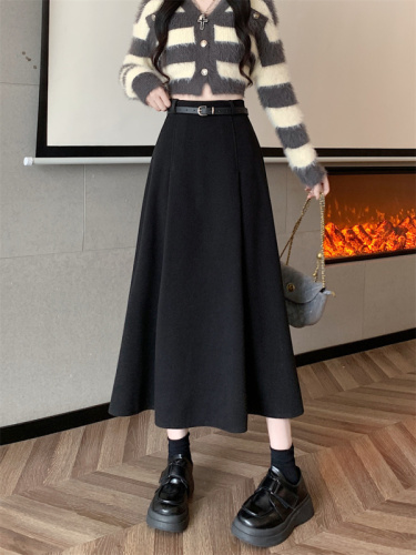 Korean style high-waist slim woolen pleated mid-length skirt, versatile loose A-line skirt with large hem