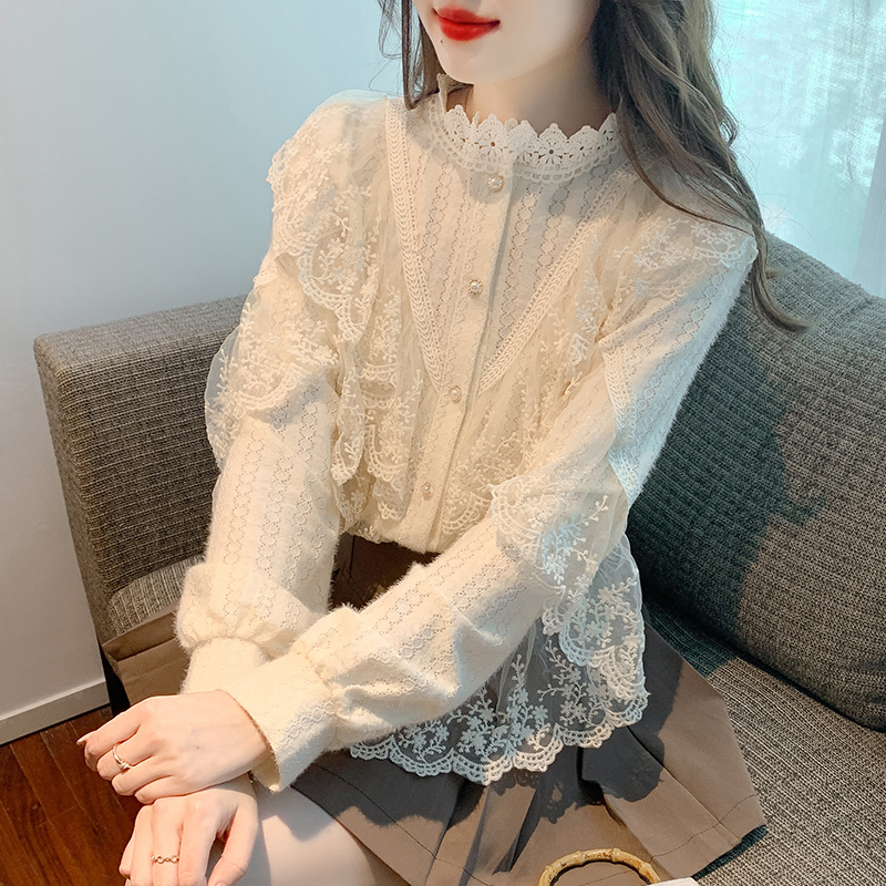 2024 new autumn Korean style versatile long-sleeved lace shirt for women lace bottoming shirt