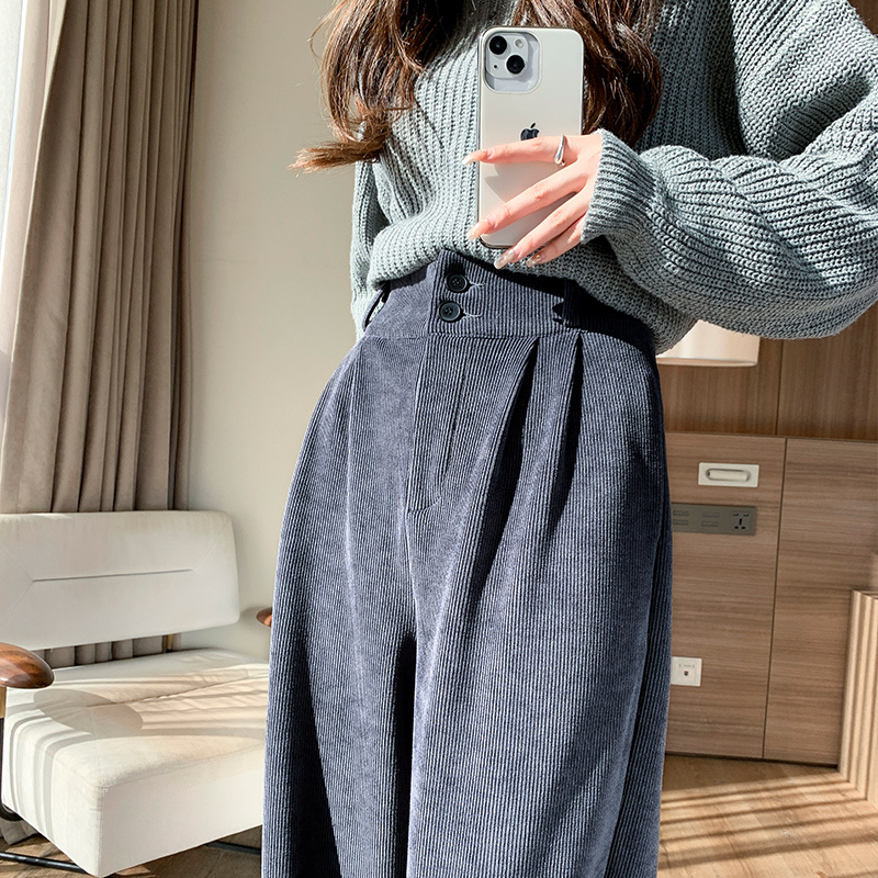 High-waisted chenille wide-leg pants for women in spring, autumn and winter, pear-shaped body slim casual corduroy pants for small people