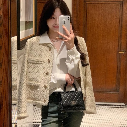 Xia Shiwen ABOUTPOEM wool blended tweed woven textured box shoulder pad short coat for women in autumn and winter