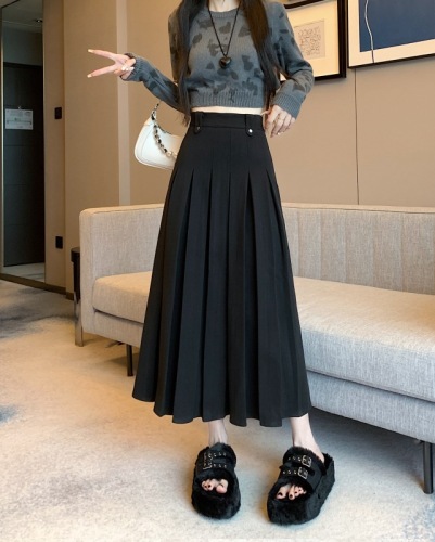 ~New high-waist slim woolen pleated mid-length skirt, versatile loose casual A-line skirt