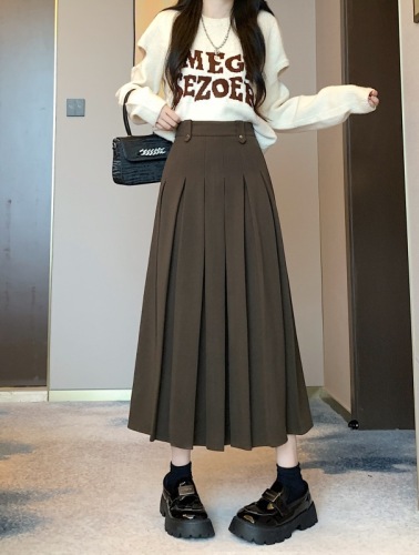 ~New high-waist slim woolen pleated mid-length skirt, versatile loose casual A-line skirt