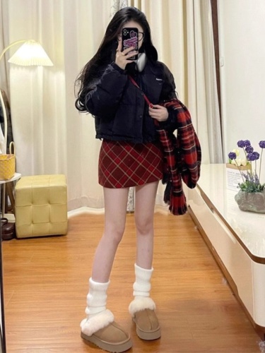 High quality spot#Small retro woolen plaid skirt for women autumn high waist a line short skirt hip skirt xs