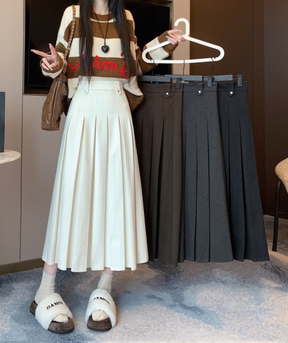 ~New high-waist slim woolen pleated mid-length skirt, versatile loose casual A-line skirt