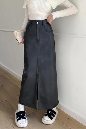 Large size pu leather skirt long skirt women's mid-length slit high waist a-line skirt retro leather skirt