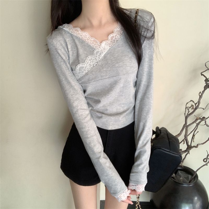 Real Shot Real Autumn New Lace Hooded Slim Long Sleeve T-shirt Bottoming Top