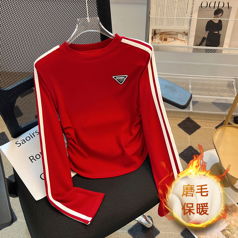 American retro striped round neck brushed long-sleeved T-shirt for women in autumn and winter hot girl short slim-fitting bottoming shirt