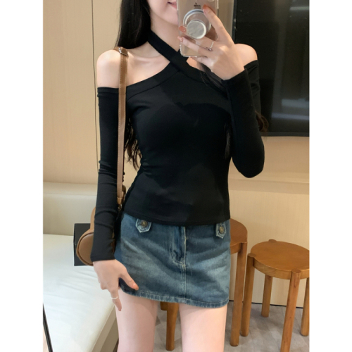 Real shot 2*2 thread 2024 autumn and winter clothing with multiple ways to wear hot girl long-sleeved T-shirt women's slim fit