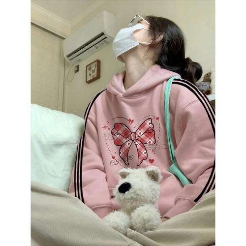 食毛华棉复合/牛奶丝300克银狐绒400克前 印花三条杠连帽卫衣女