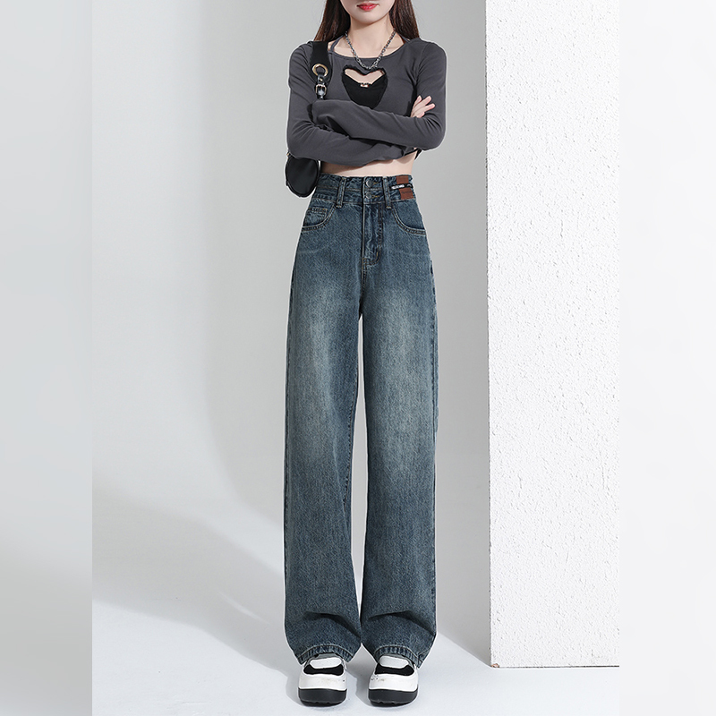 New American High Street Straight Jeans Women's Spring and Autumn Small Retro High Waisted Wide Leg Casual Pants