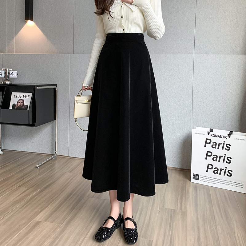 Autumn and winter retro high-waist slimming crotch-covering mid-length gold velvet large-swing umbrella skirt A-line skirt
