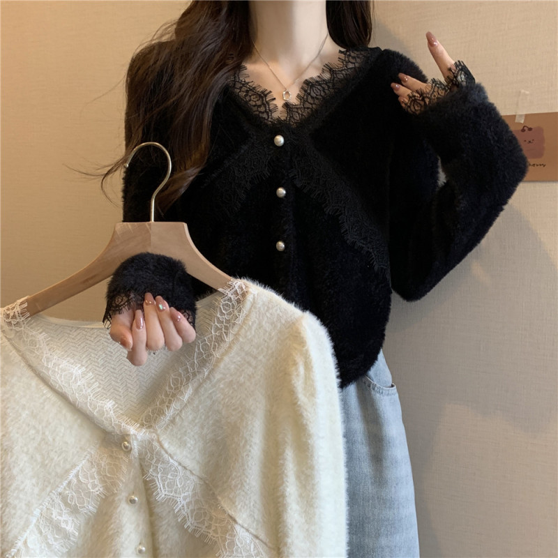 Women's New Autumn and Winter Covering Flesh Slimming Cardigan V-neck Lace Spliced ​​Imitation Mink Velvet Top
