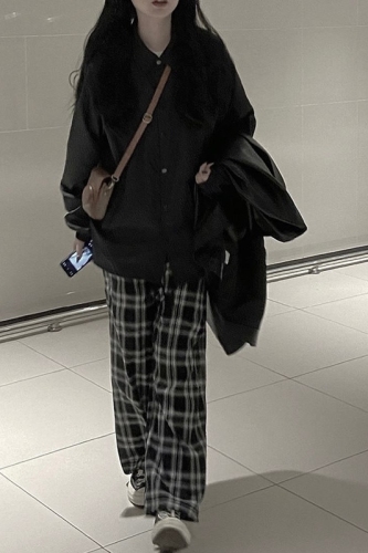 Black plaid sports casual pants for women, large size, loose, new style, high waist, simple drape, wide leg trousers, trendy
