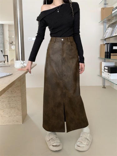 Large size pu leather skirt long skirt women's mid-length slit high waist a-line skirt retro leather skirt