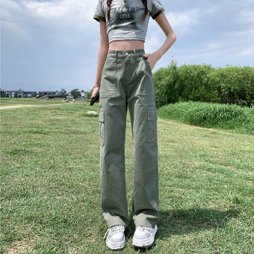 High-waisted straight overalls denim women's spring and summer loose slimming wide-leg pants American retro casual pants