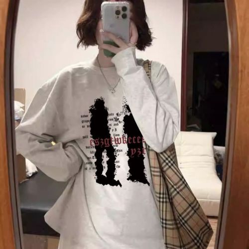 High quality pure cotton 200g 21 count combed precision printed autumn loose long sleeve T-shirt for women