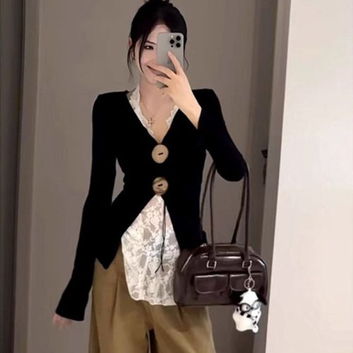 Pure hot girl style V-neck long-sleeved T-shirt for women in autumn, chic slim-fitting slit top