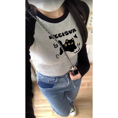 High quality pure cotton 220g 40 count smooth food wool 92 cotton 8 spandex printed slim fit color matching long sleeve T-shirt for women