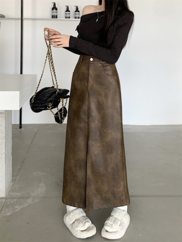 Large size pu leather skirt long skirt women's mid-length slit high waist a-line skirt retro leather skirt