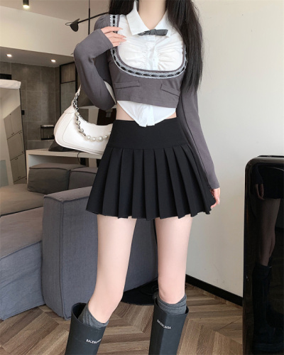 High-waisted slimming pleated slit skirt hot girl A-line skirt anti-exposure skirt