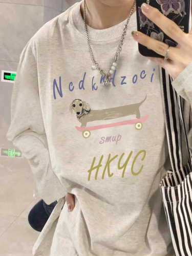 High quality pure cotton 200g 21 count combed precision printed autumn loose long sleeve T-shirt for women