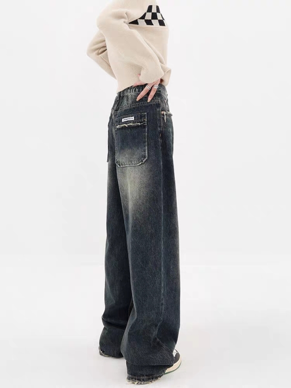KENH American high street dark blue wide leg jeans for women summer slimming loose straight pants high waist