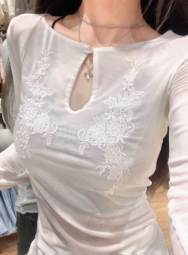 Real shot New Chinese style white exquisite embroidered mesh top for women summer thin cool long-sleeved T-shirt