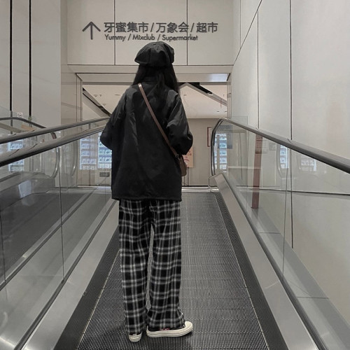 Black plaid sports casual pants for women, large size, loose, new style, high waist, simple drape, wide leg trousers, trendy