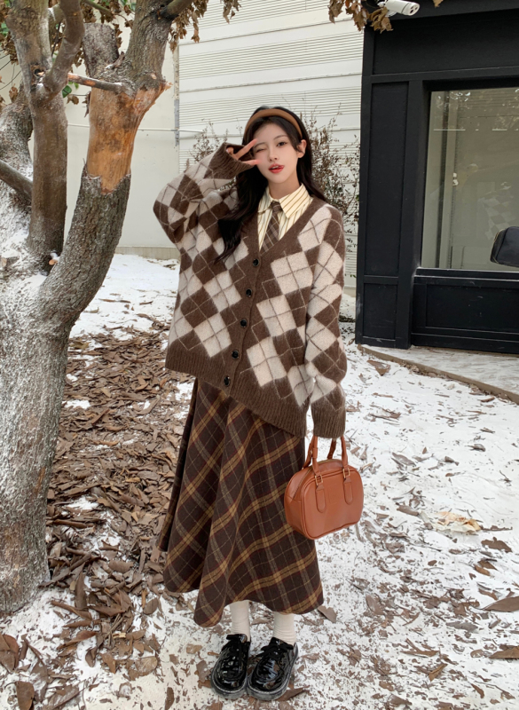 Large size women's cardigan sweater loose retro rhombus V-neck knitted jacket + striped shirt + skirt