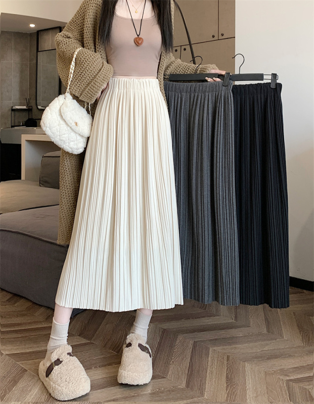 High-waisted slimming wool pleated midi skirt, versatile A-line skirt
