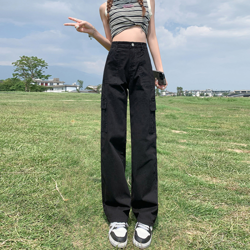 High-waisted straight overalls denim women's spring and summer loose slimming wide-leg pants American retro casual pants