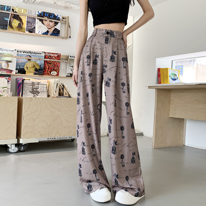 Slippery pants printed satin casual pants women's loose wide leg pants ice silk pants
